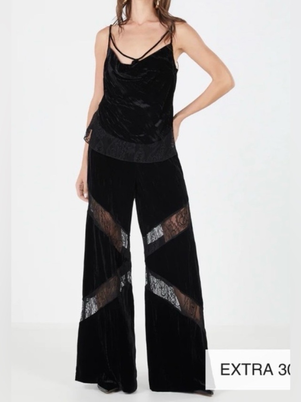 BCBGMaxAzria Black Velvet Wide-Leg Jumpsuit with Lace Insets